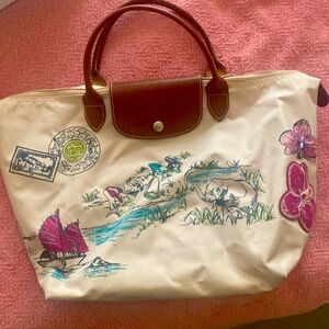 Longchamp | VERY RARE ‘Vietnam’ embroidered white nylon brown leather tote bag